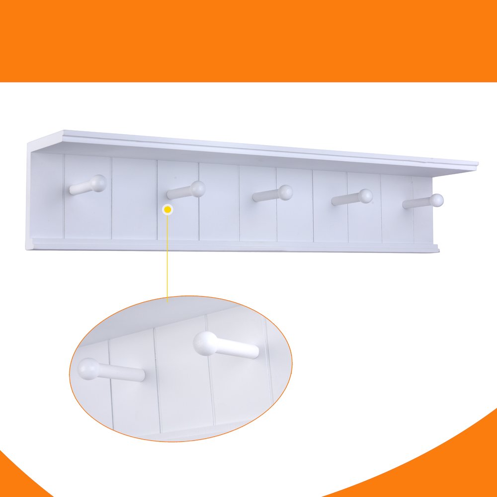 24" Wall Mount Coat Rack with 5 Hanger Hooks and Display Shelf - White. Picture 5