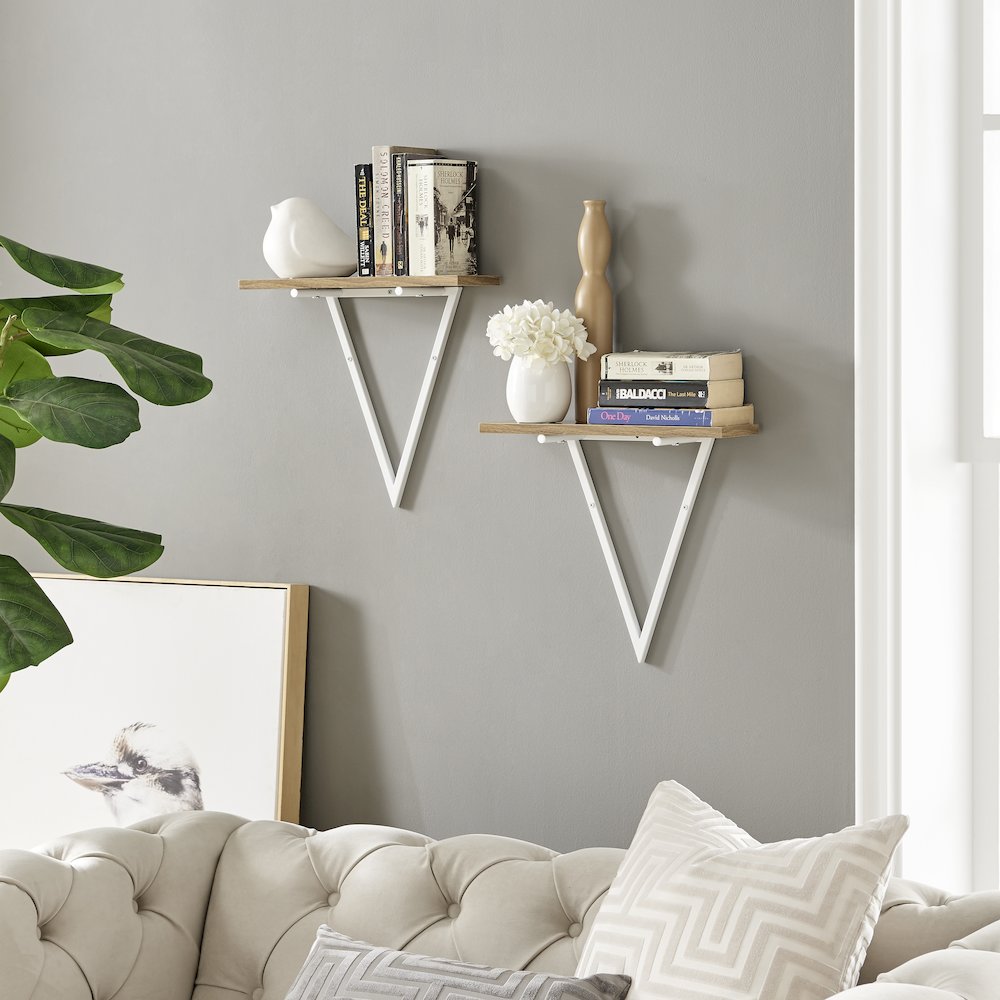 Triangle Accent Wall Shelf Reversible Configuration - White Metal Walnut Finish. Picture 6