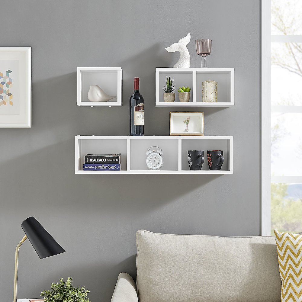 Bauhaus Floating Geometric Cubby Wall Shelves - Set of 3 Sizes - White. Picture 4