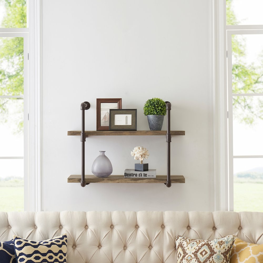 Two Tier Industrial Pipe Wall Shelf. Picture 2