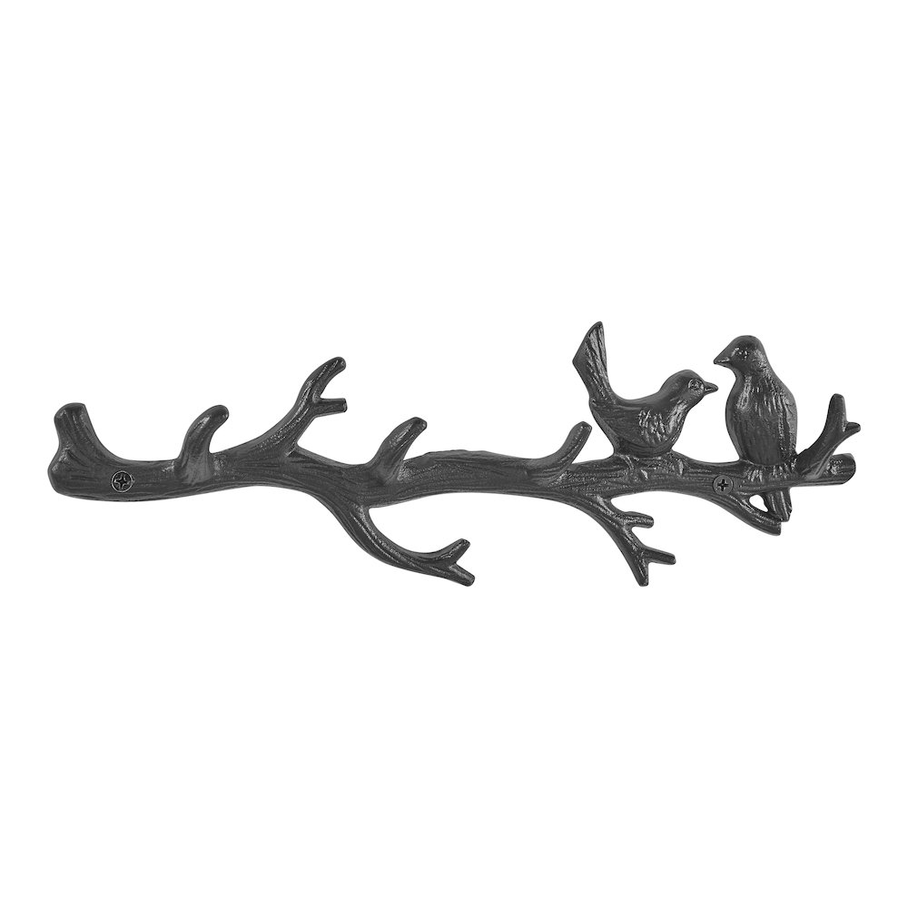 Dark Brown Cast Iron Birds on Tree Branch Wall Sculpture Utility 4 Hook Unit. Picture 1