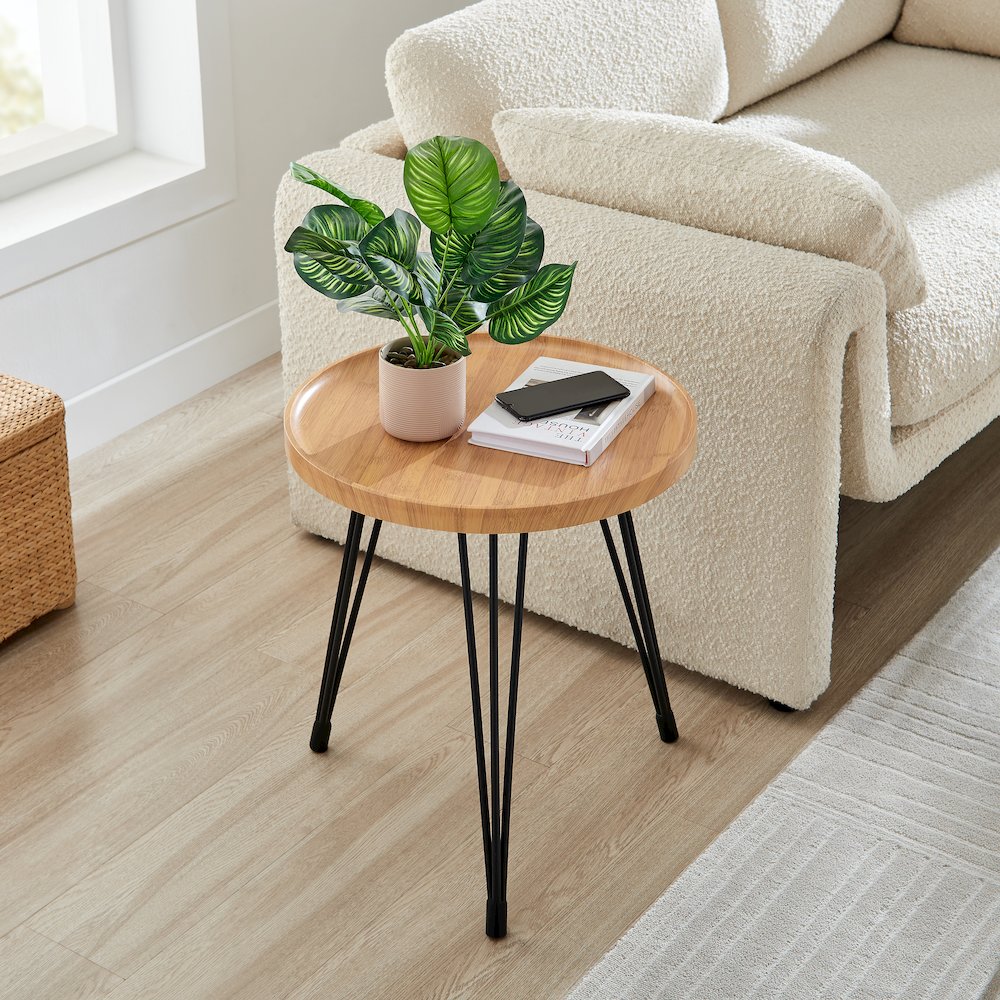 Tadao Raised Lip Edge Side Table with Black Metal Hairpin Legs - Round - Bamboo. Picture 4