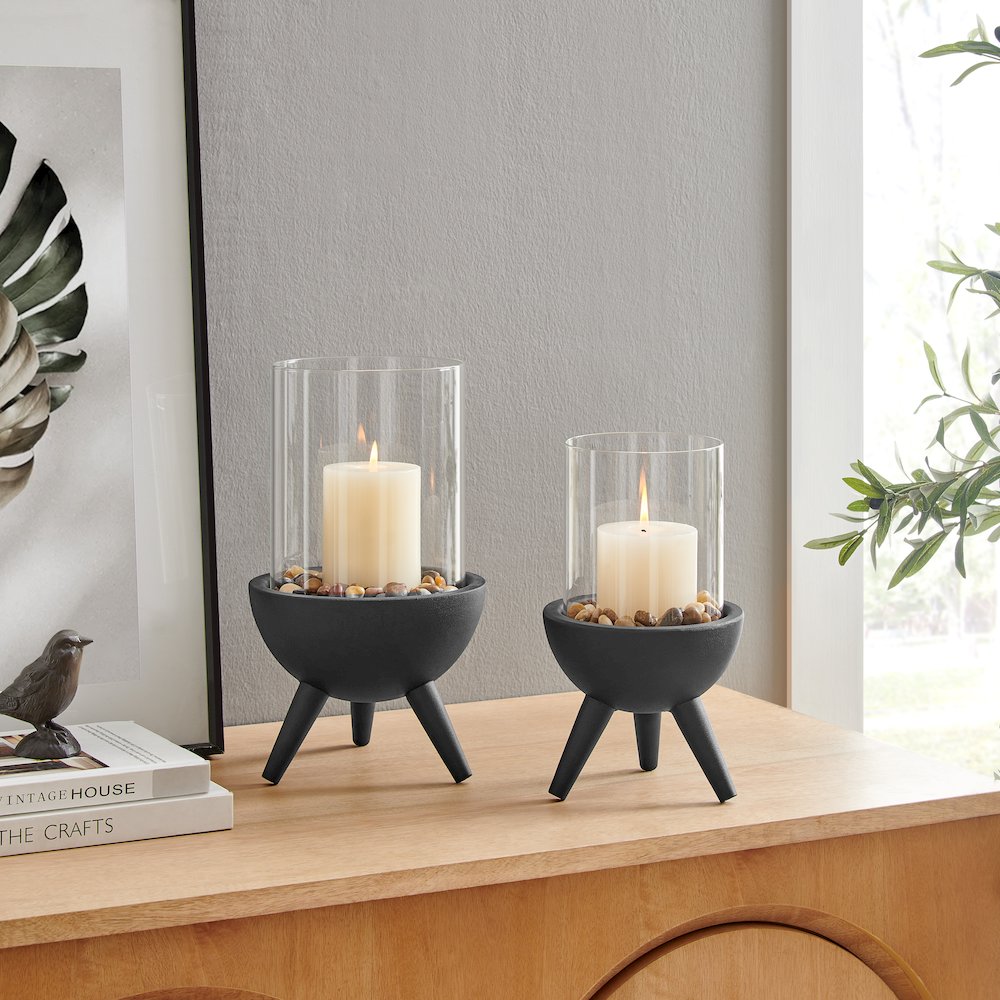 Molta Modern Black Metal Pedestal Glass Pillar Hurricane Candle Holder - Large. Picture 10