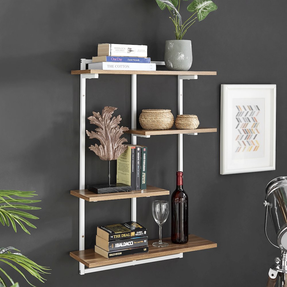 Rhodes 4 Tier Windowsill Wall Shelf White Metal Frame Light Walnut MDF Shelves. Picture 3