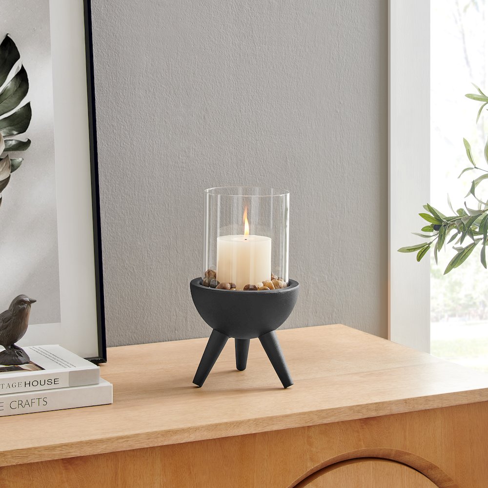 Molta Modern Black Metal Bold Pedestal Glass Pillar Votive Candle Holder - Small. Picture 4