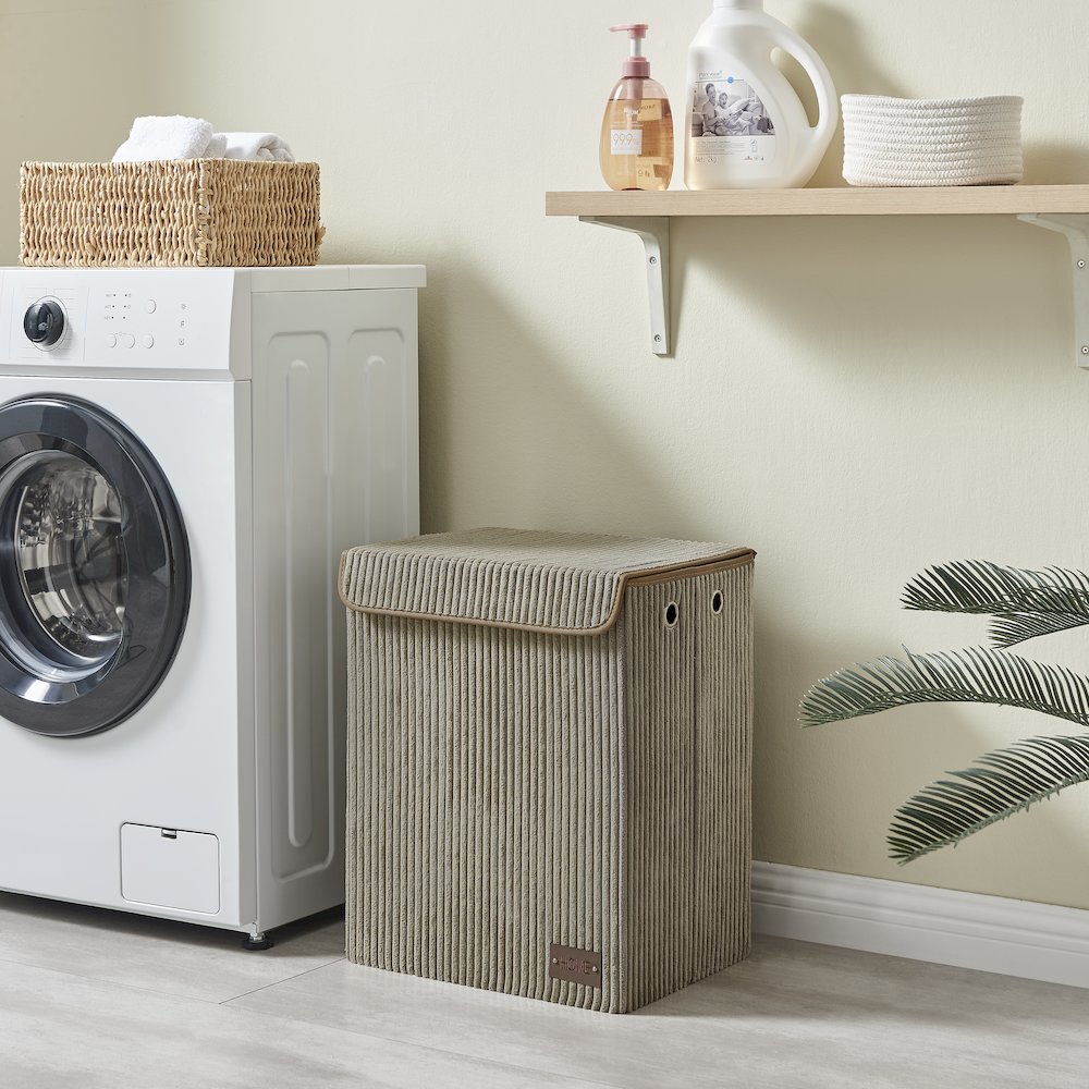 Collapsible Folding Corduroy Laundry Hamper Storage - Taupe Gray. Picture 6