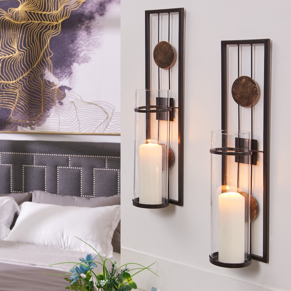 20 in. Metal Medallion Pillar Candle Sconces – Wall Mount – Set of 2. Picture 2