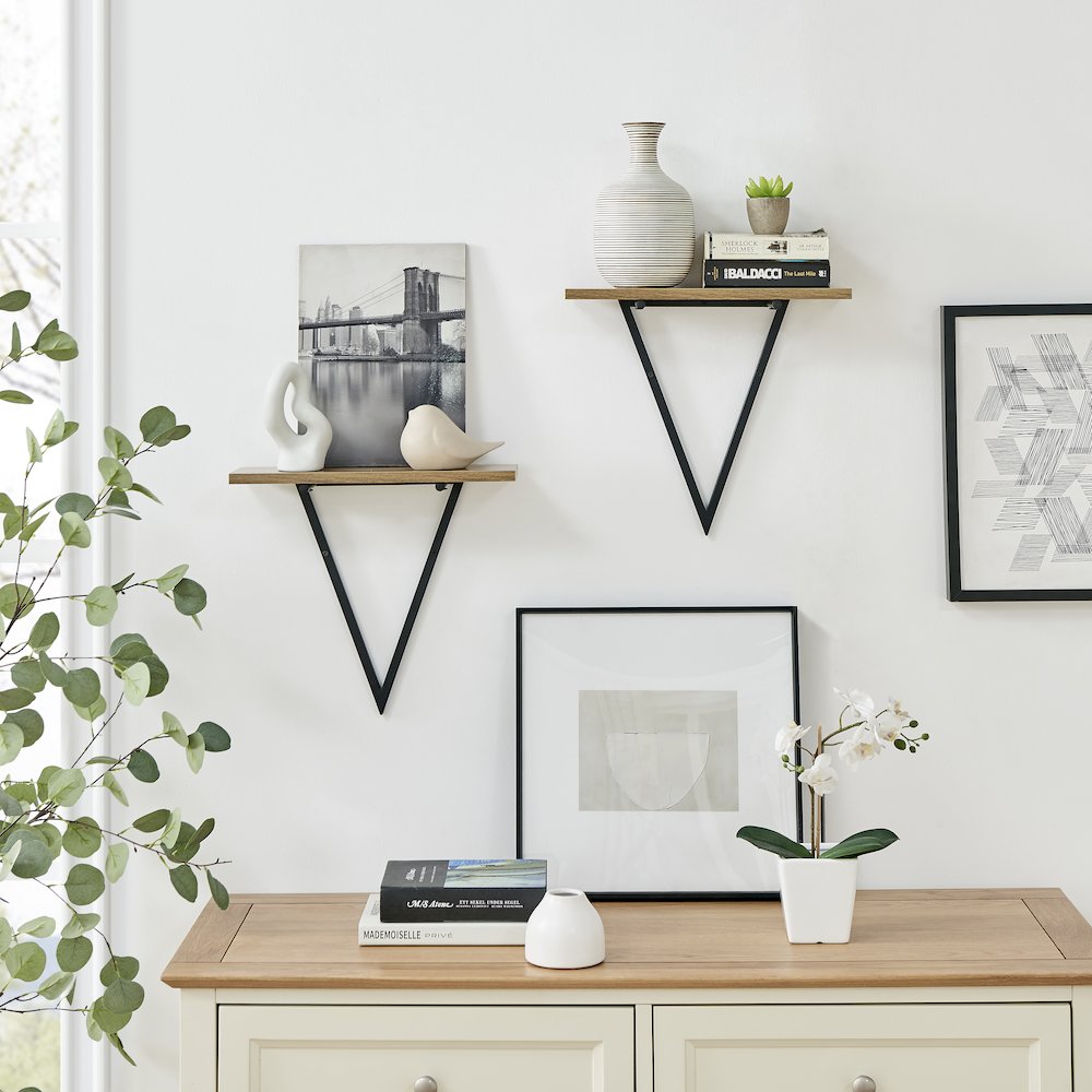 Triangle Accent Wall Shelf Reversible Configuration - Black Metal Walnut Finish. Picture 2