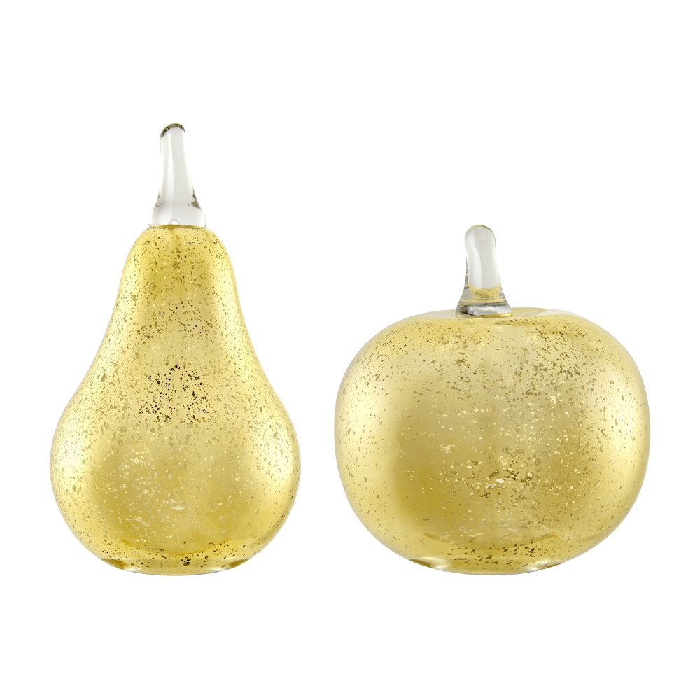 Alloya 2 Piece Apple and Pear Decorative Tabletop Glass Sculpture Set- Gold. Picture 1