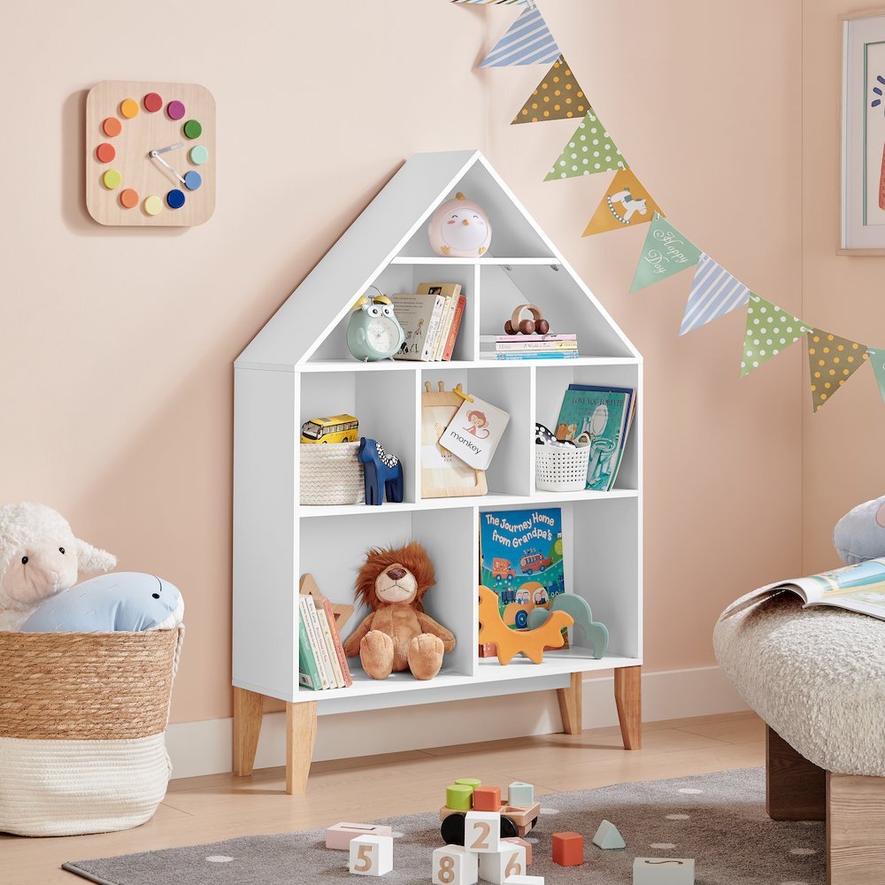 Steiner White Dollhouse 8-Compartment Kids Freestanding Bookshelf - Beech Legs. Picture 4