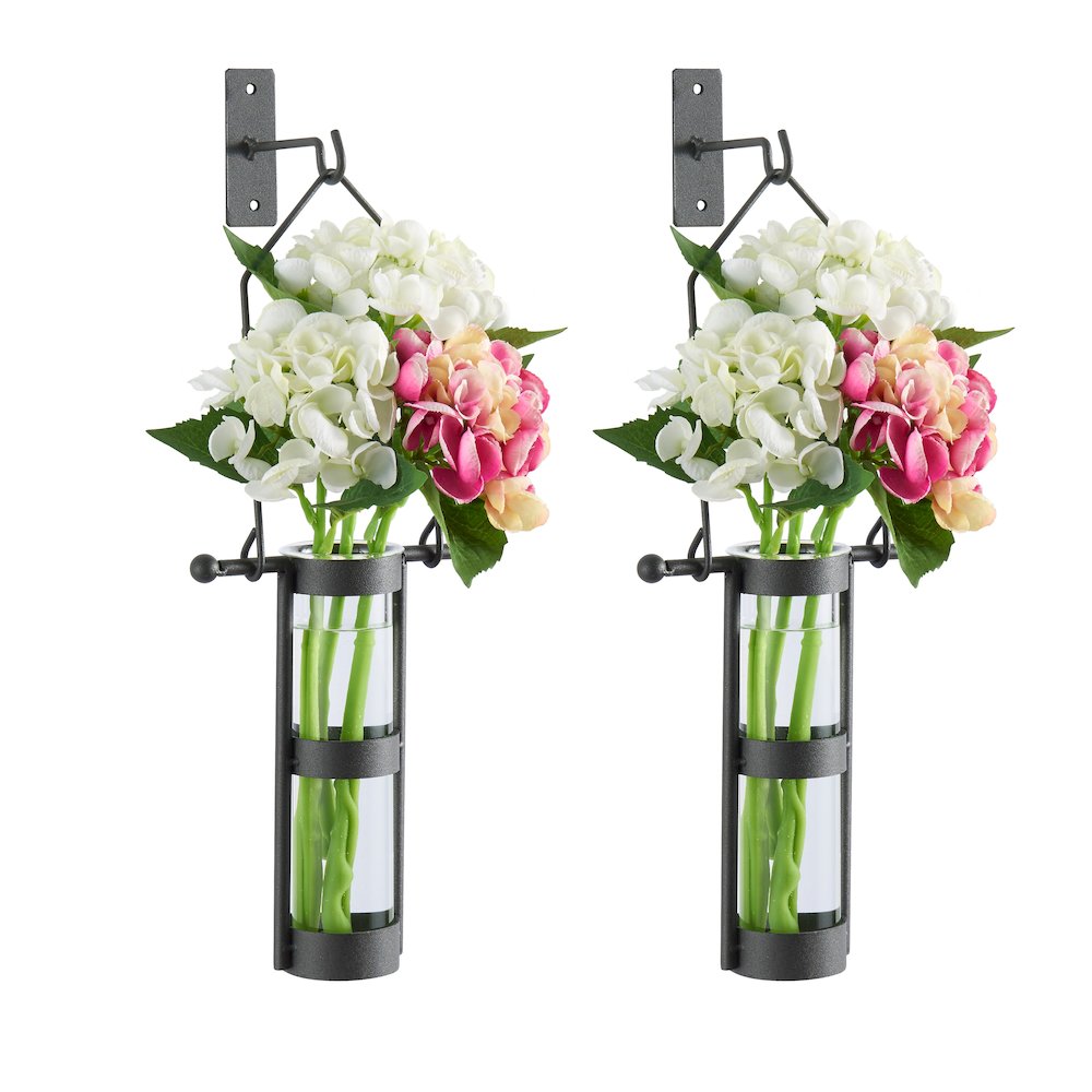Wall Mount Hanging Glass Cylinder Vase Set with Metal Cradle and Hook. Picture 3