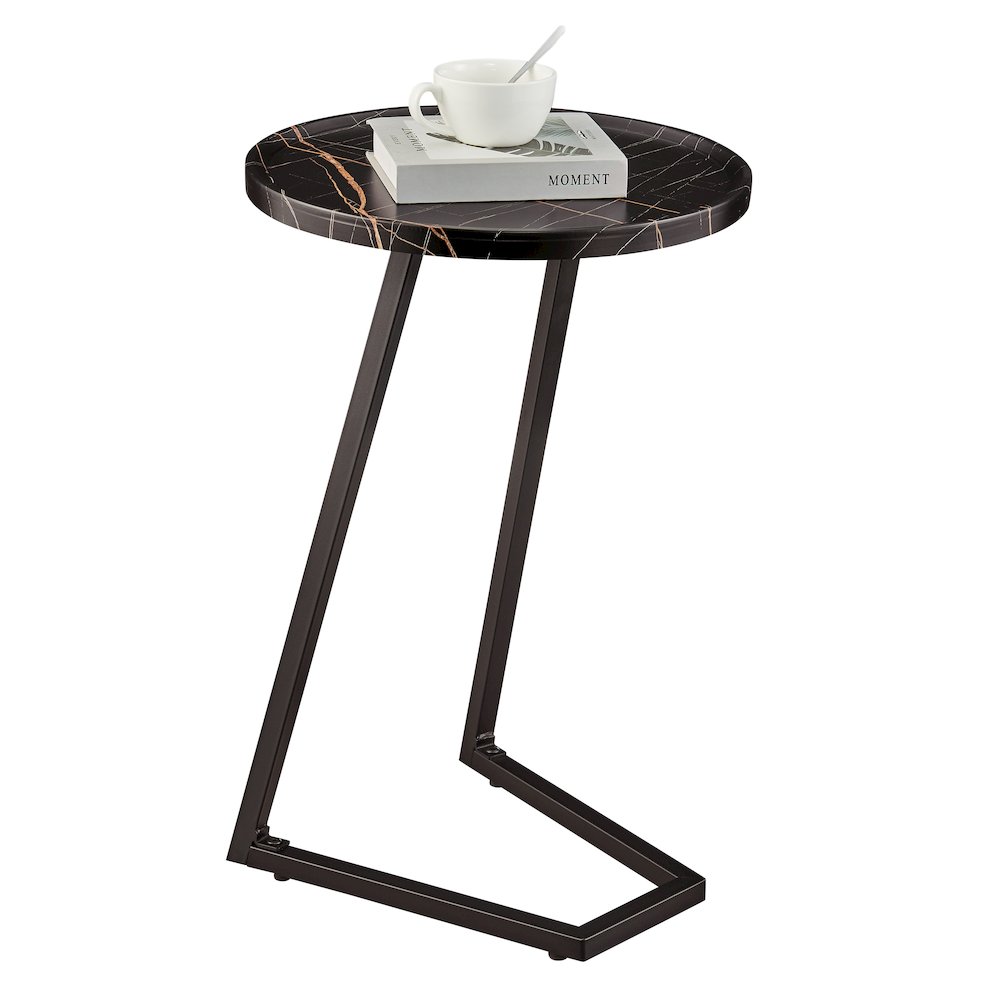 Addison Round Raised Lip Angled Couch-Side Accent C-Table - Black Marble/Black. Picture 11