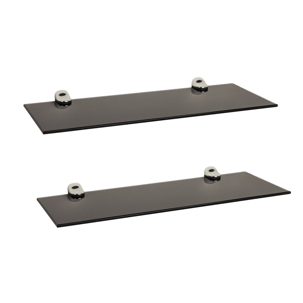Set of 2 Black Smoke Glass Floating Shelves with Chrome Brackets 16 x 6". Picture 1