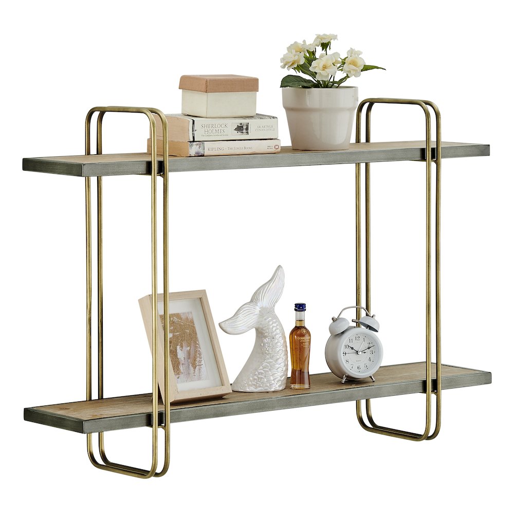 Two-Tier Warm Gold Washed Oak Brown Metal Bracket Wall Mounted Shelf. Picture 9