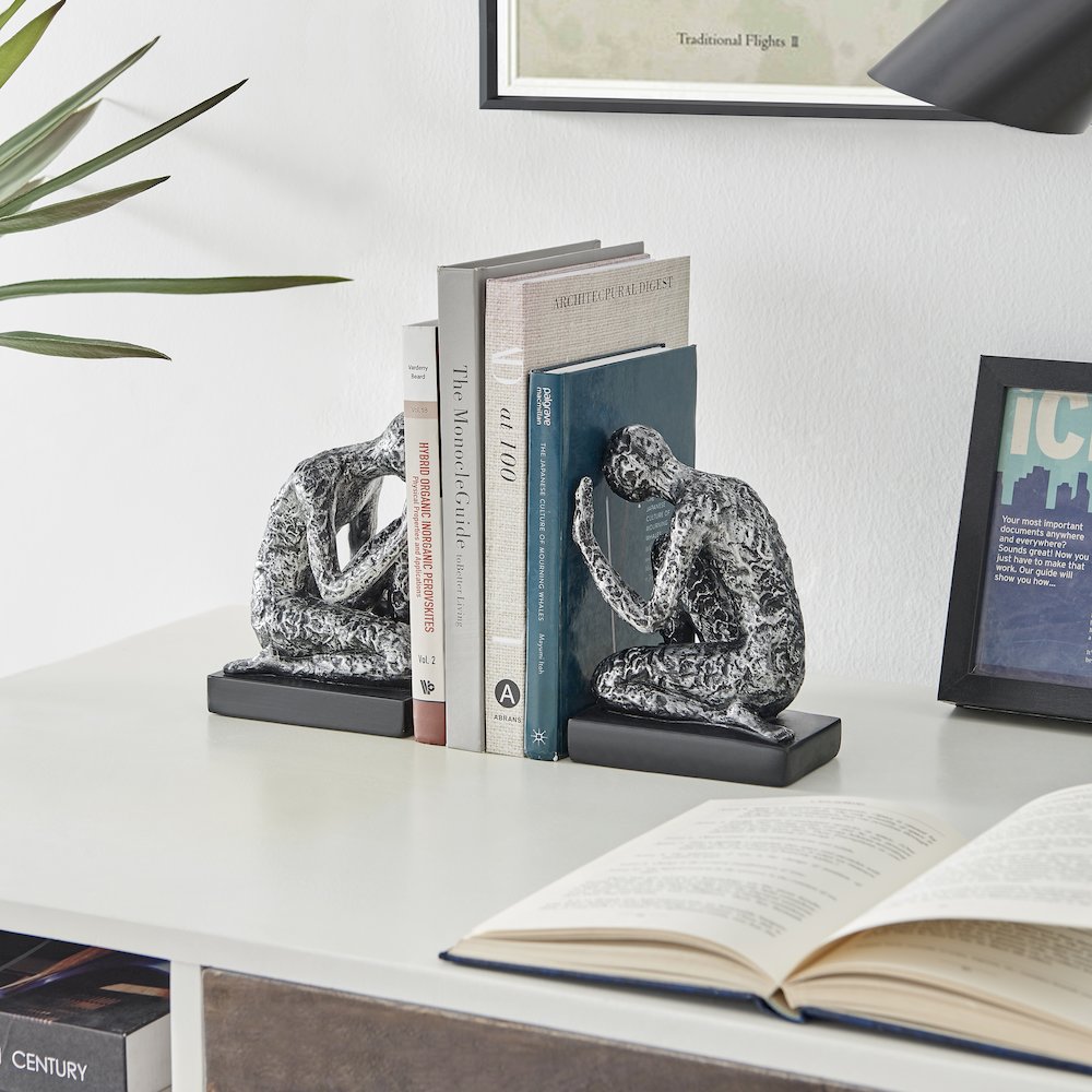 Kneeling Figure Sculptures Polyresin Silver and Black Bookend Set of 2. Picture 4