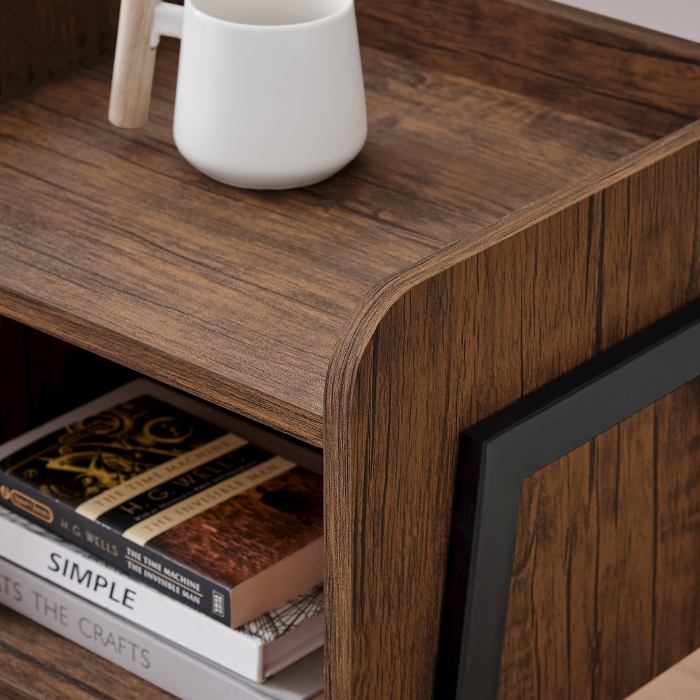 Kazuyo Mid-Century Modern Black Metal Two-Tier End Side Table - Walnut. Picture 10