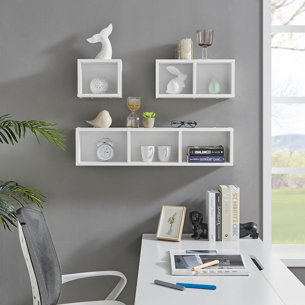 Bauhaus Floating Geometric Cubby Wall Shelves - Set of 3 Sizes - White. Picture 2