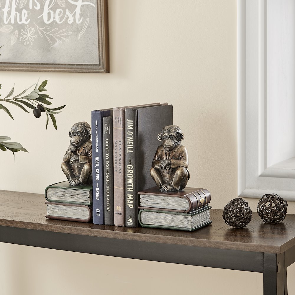 Monkeys on Books Polyresin Antique Patina Finish Bookend Set of 2. Picture 5