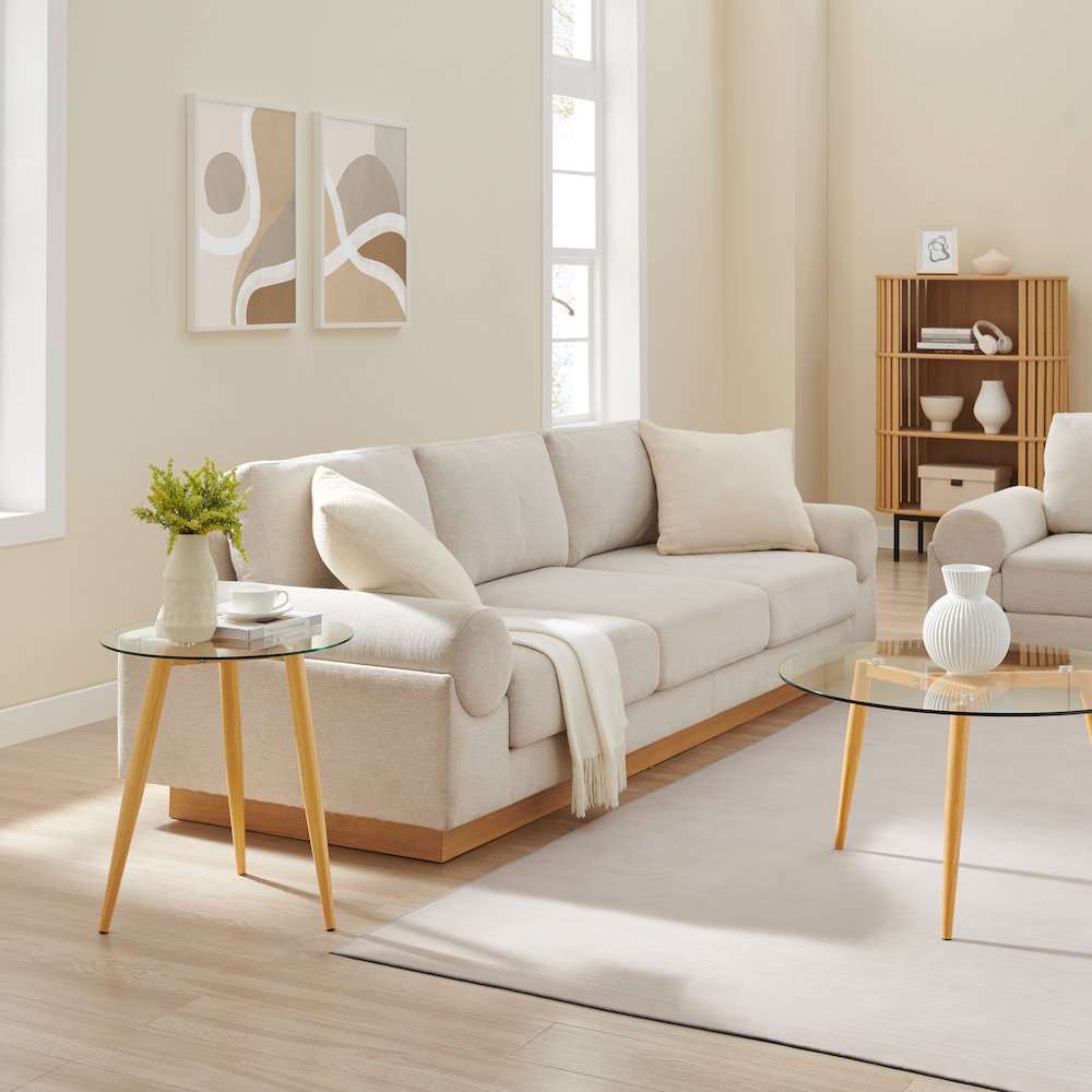 Van Beuren Coffee Side Table Set Metal Taper Legs Clear Glass Tabletop - Beech. Picture 4
