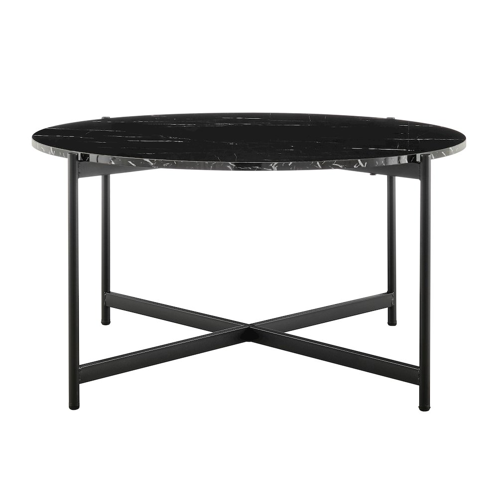 Round Marble Finish Veneer Top Black Metal Large Coffee Table - Black Marble. Picture 1