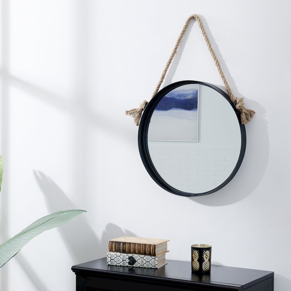 18” Black Iron Framed Round Accent Mirror with Hanging Rope. Picture 3
