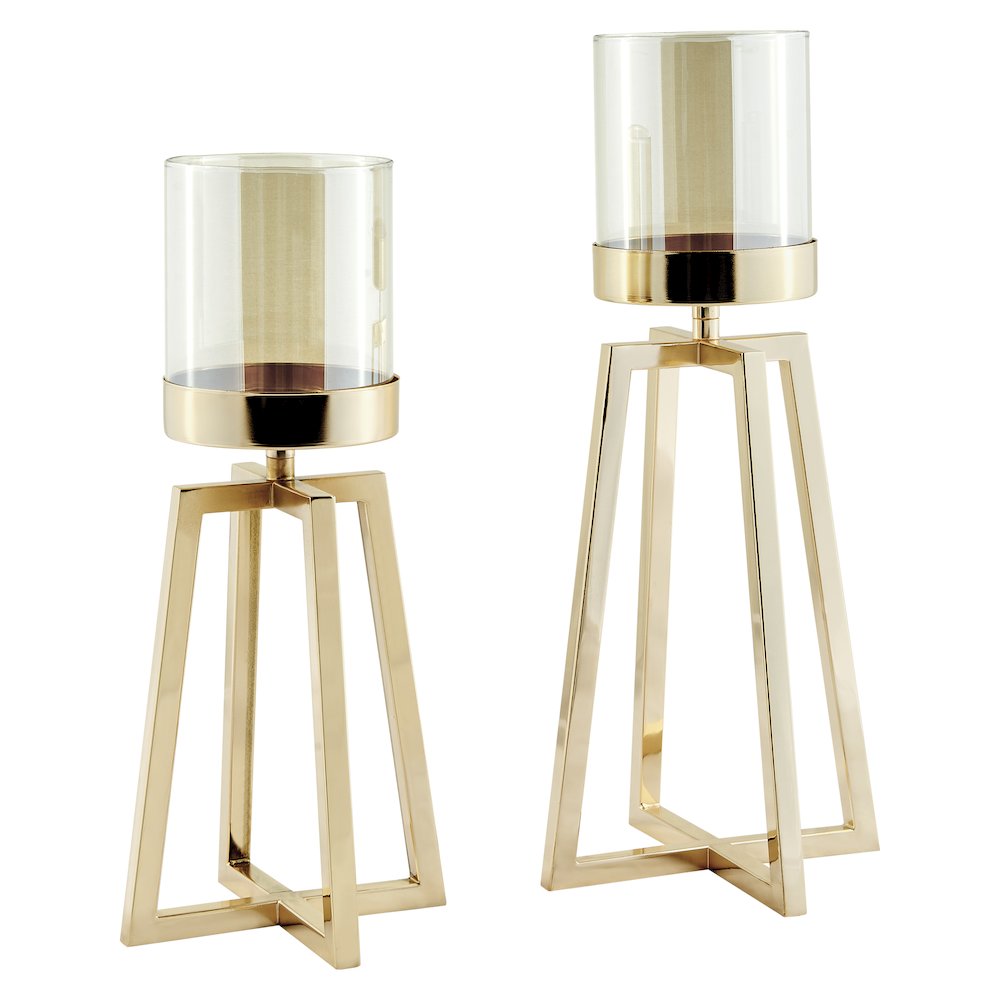 Maeve Tinted Glass Warm Gold Pedestal Hurricane Candle Holders - Set of 2. Picture 10
