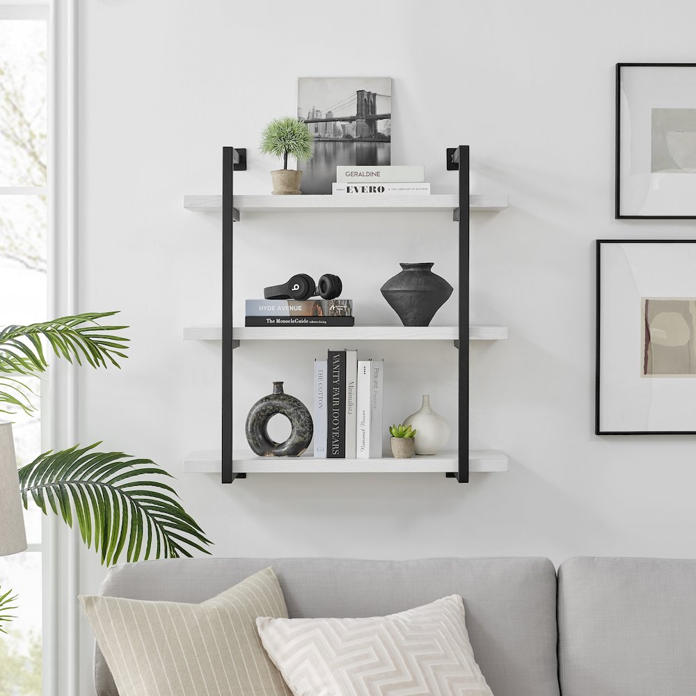Modern 3-Tier Hanging Bracket Wall Shelves in Black Metal and White Birch Finish. Picture 3