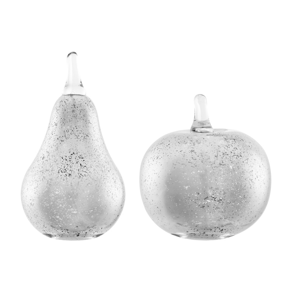 Alloya 2 Piece Apple and Pear Decorative Tabletop Glass Sculpture Set- Silver. Picture 1