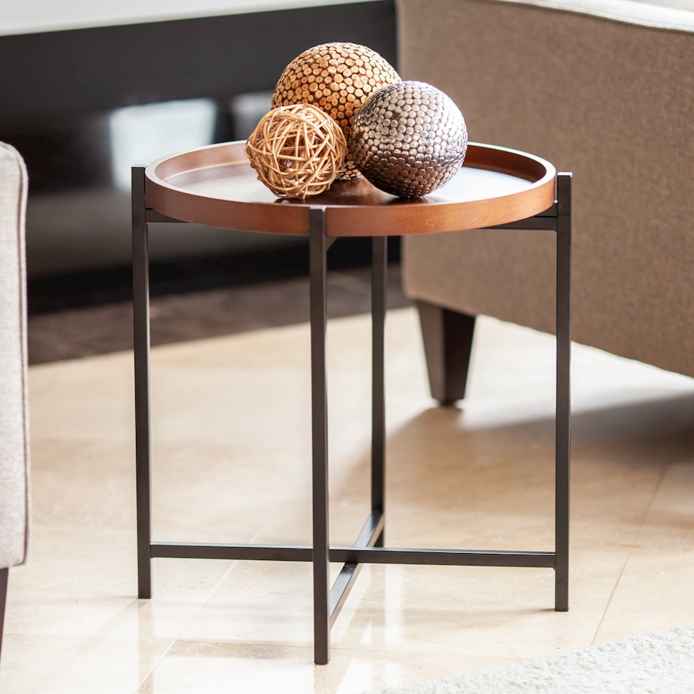 Mid-century Modern Round Side Table with Removable Wood Tray. Picture 2