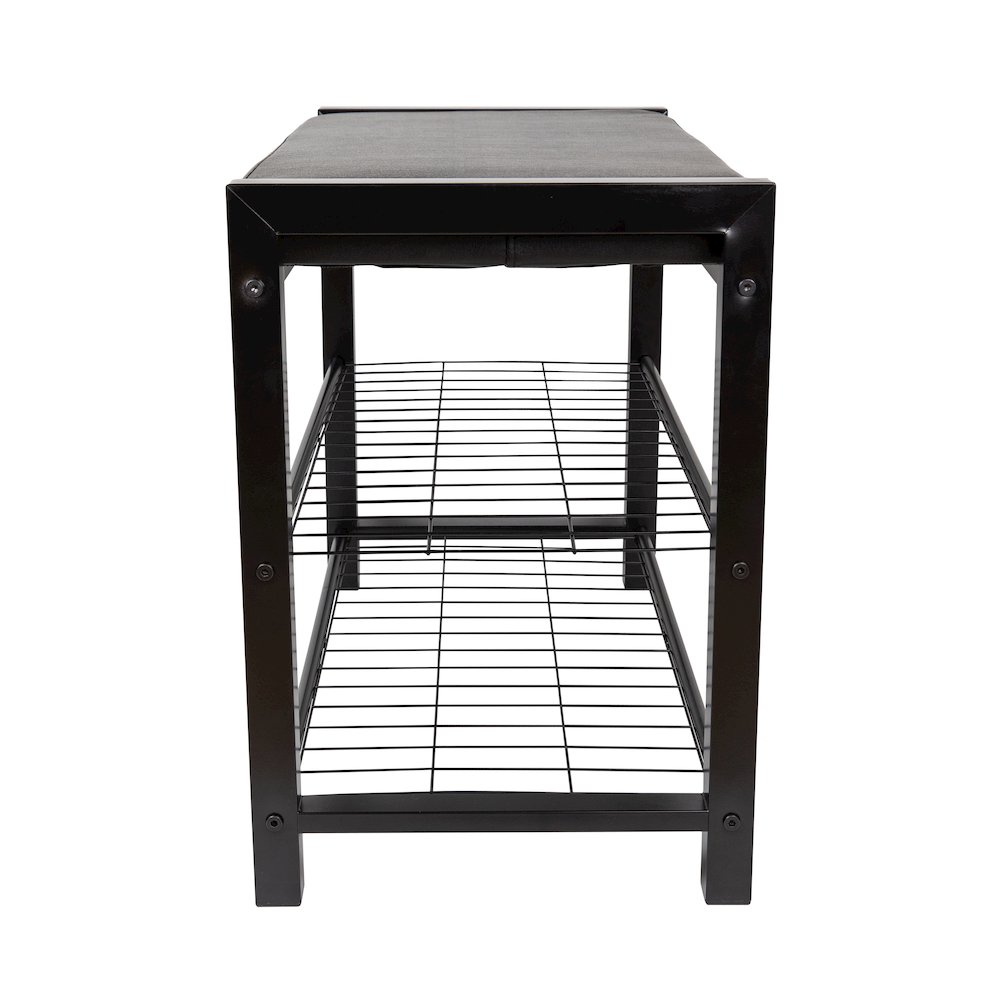 Black Leatherette Entryway Bench with Two Black Metal Shoe Racks. Picture 8