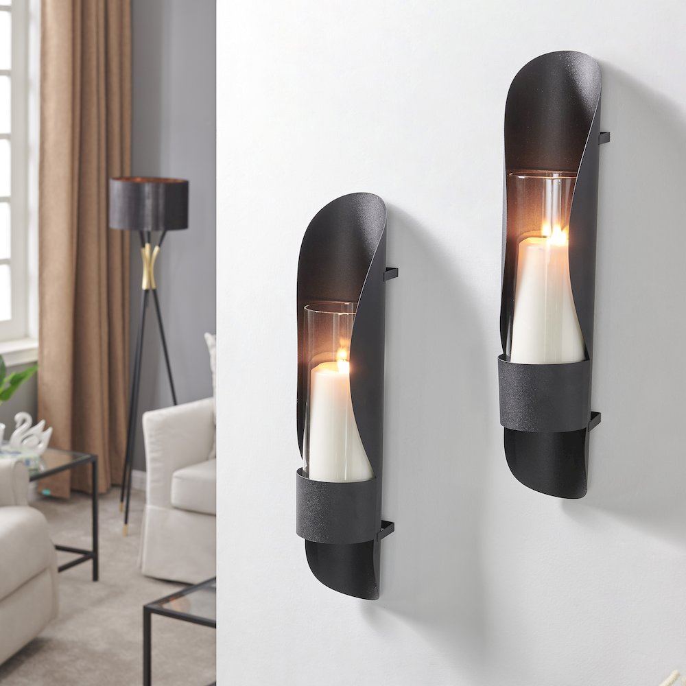 Wall Mount Hugging Metal Candle Sconces with Glass Inserts - (Set of 2) - Black. Picture 3