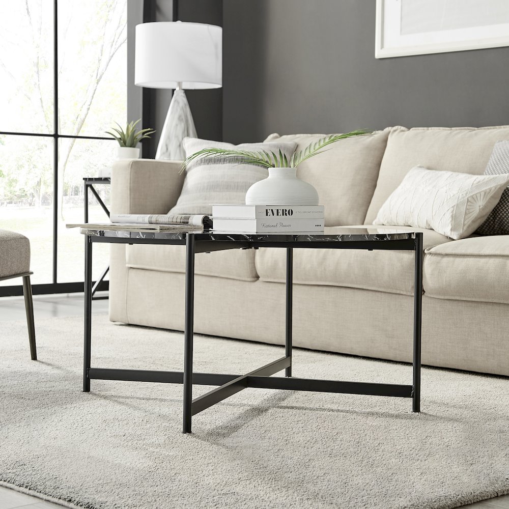 Round Marble Finish Veneer Top Black Metal Large Coffee Table - Black Marble. Picture 6