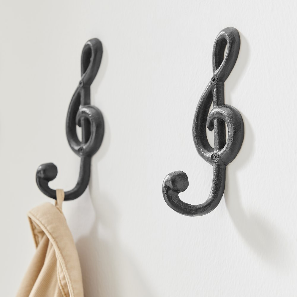 4 Piece Dark Brown Iron Musical Note Treble Clef Wall Sculpture Utility Hooks. Picture 6