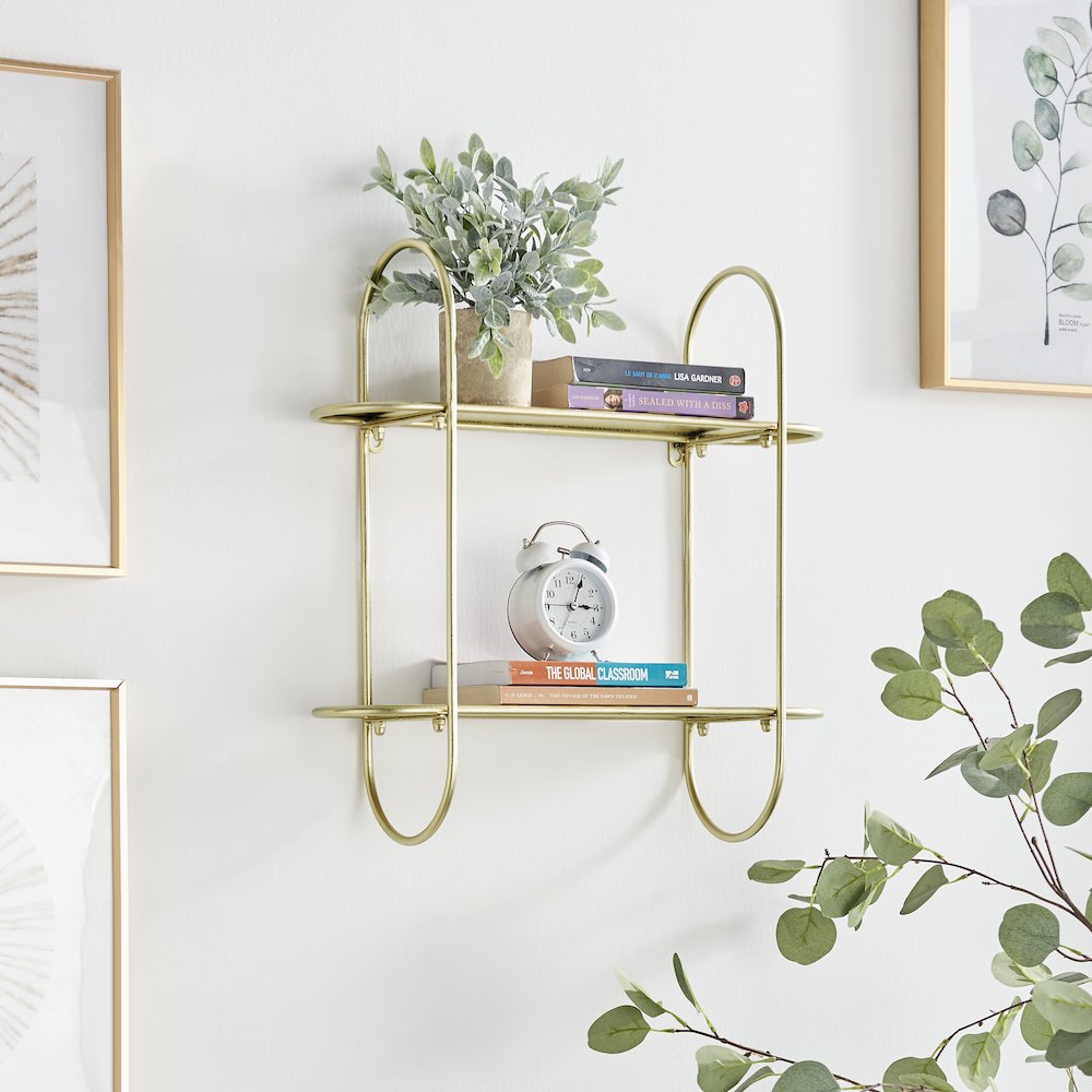 Two-Tier Warm Gold Metal Hanging Bracket Wall Mounted Shelf. Picture 3