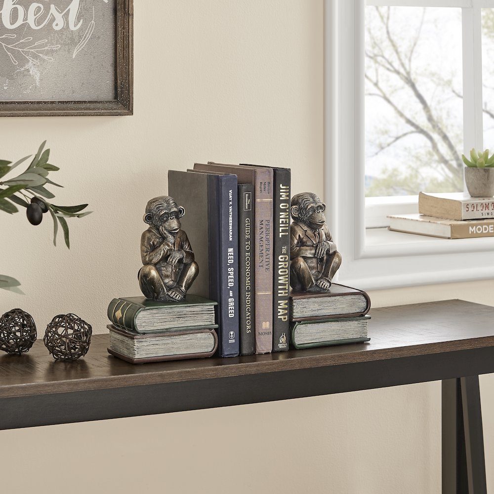 Monkeys on Books Polyresin Antique Patina Finish Bookend Set of 2. Picture 3