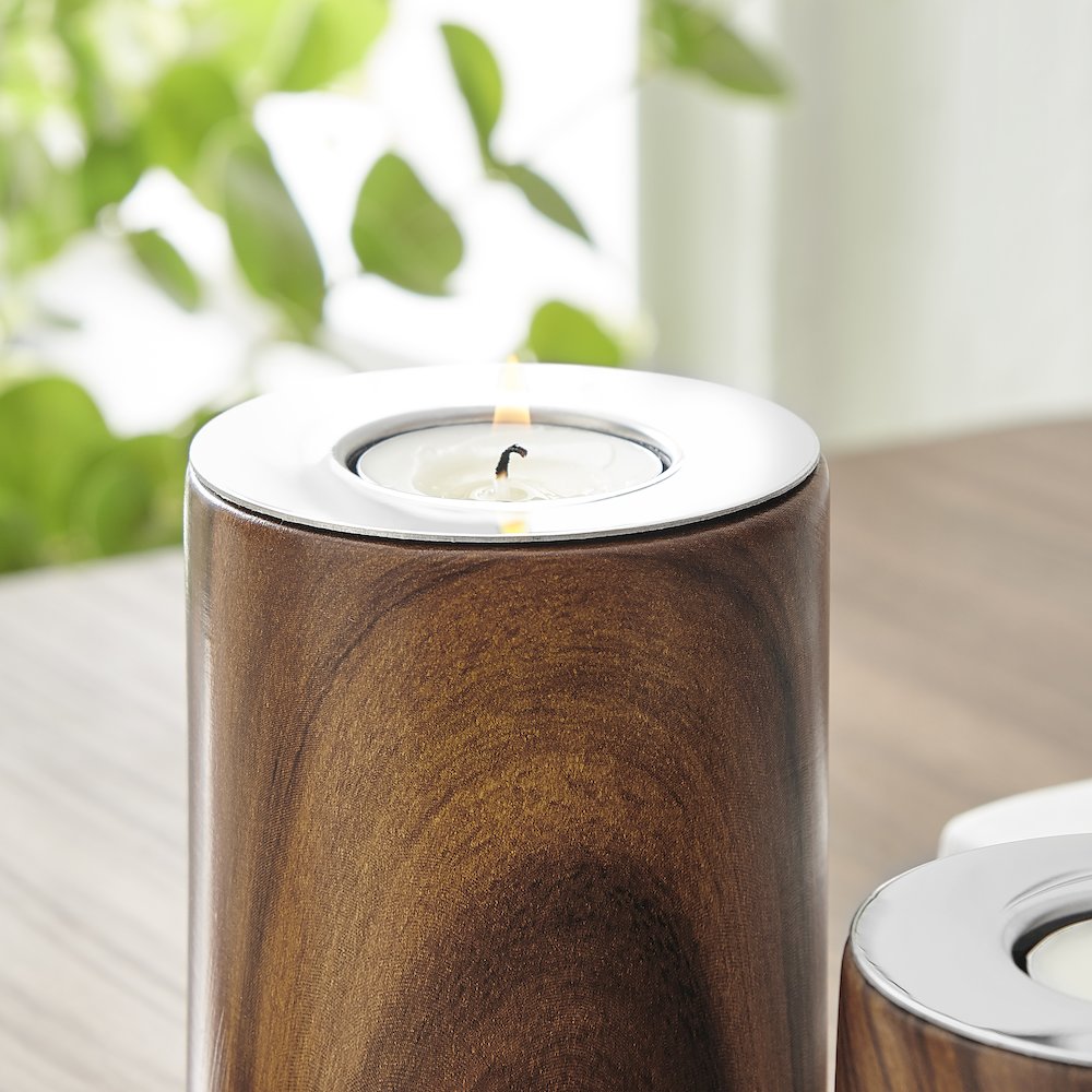 Hemming Modern Walnut Finish Three Piece Tealight Candle Holder Tabletop Set. Picture 5