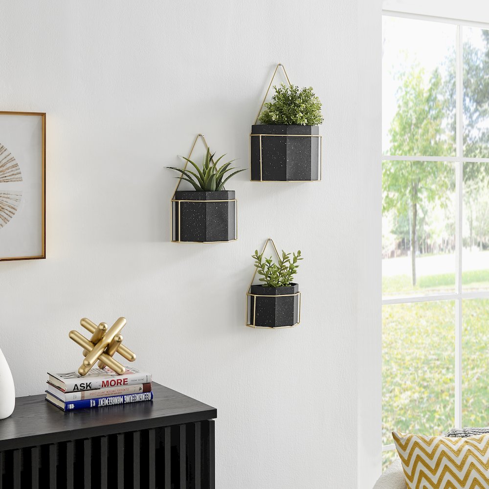 Modern Geometric Black and Gold Metal Wall Planters - Set of 3. Picture 4
