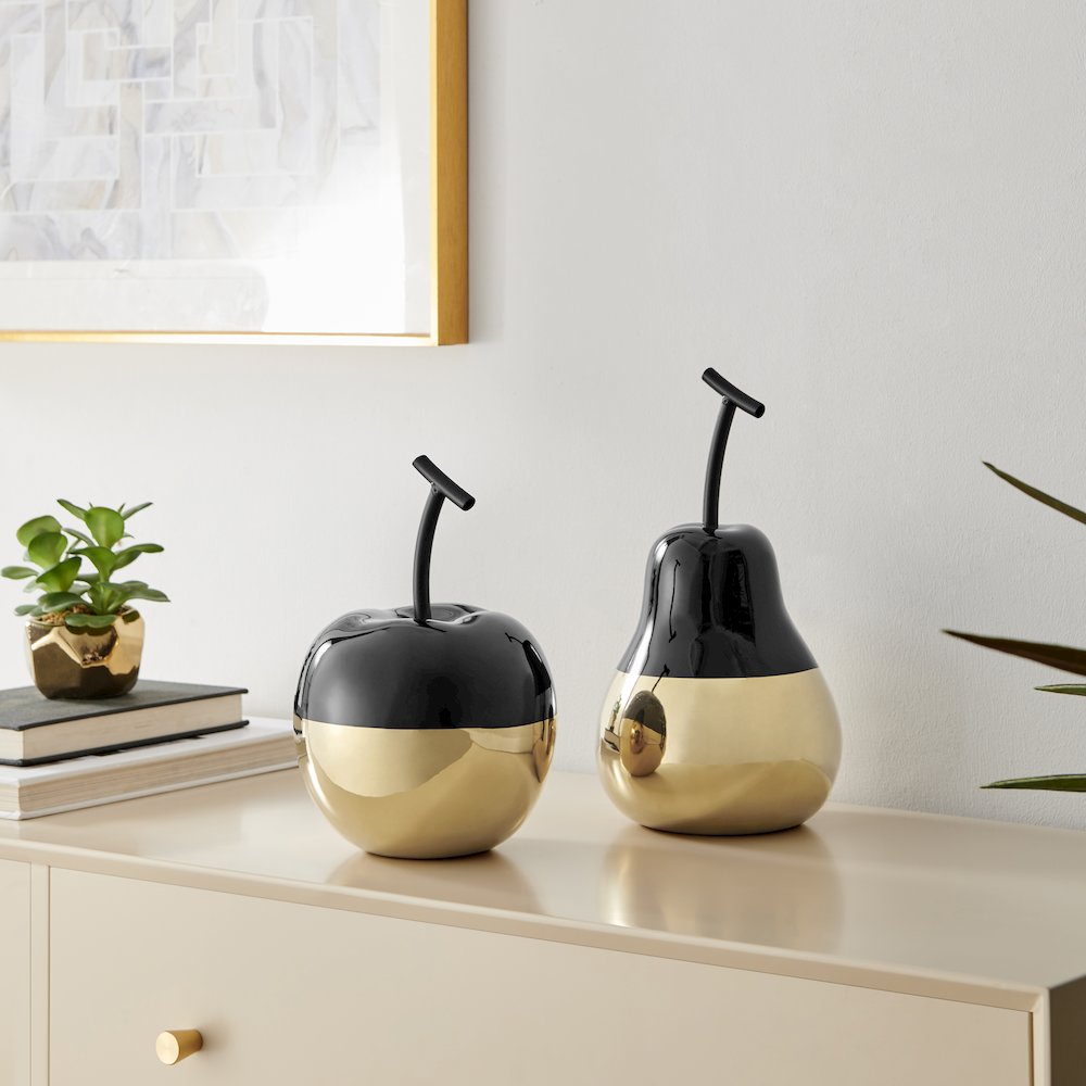 Vost Dipped Fruit Ceramic Sculpture Figure Set of 2 - Large - Black/Gold. Picture 2