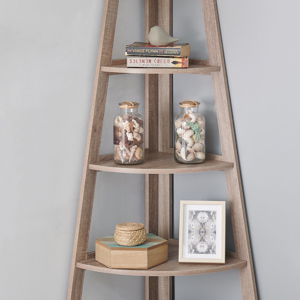 Decorative Free-Standing 5-Tier Pyramid Corner Shelves - Weathered Oak. Picture 3