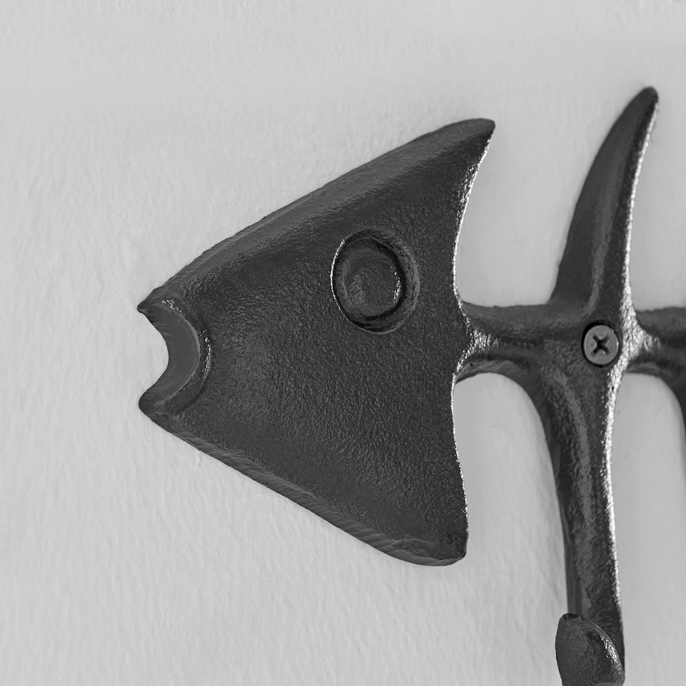 Dark Brown Cast Iron Fishbone Wall Sculpture Utility Hook Unit with 4 Hooks. Picture 5