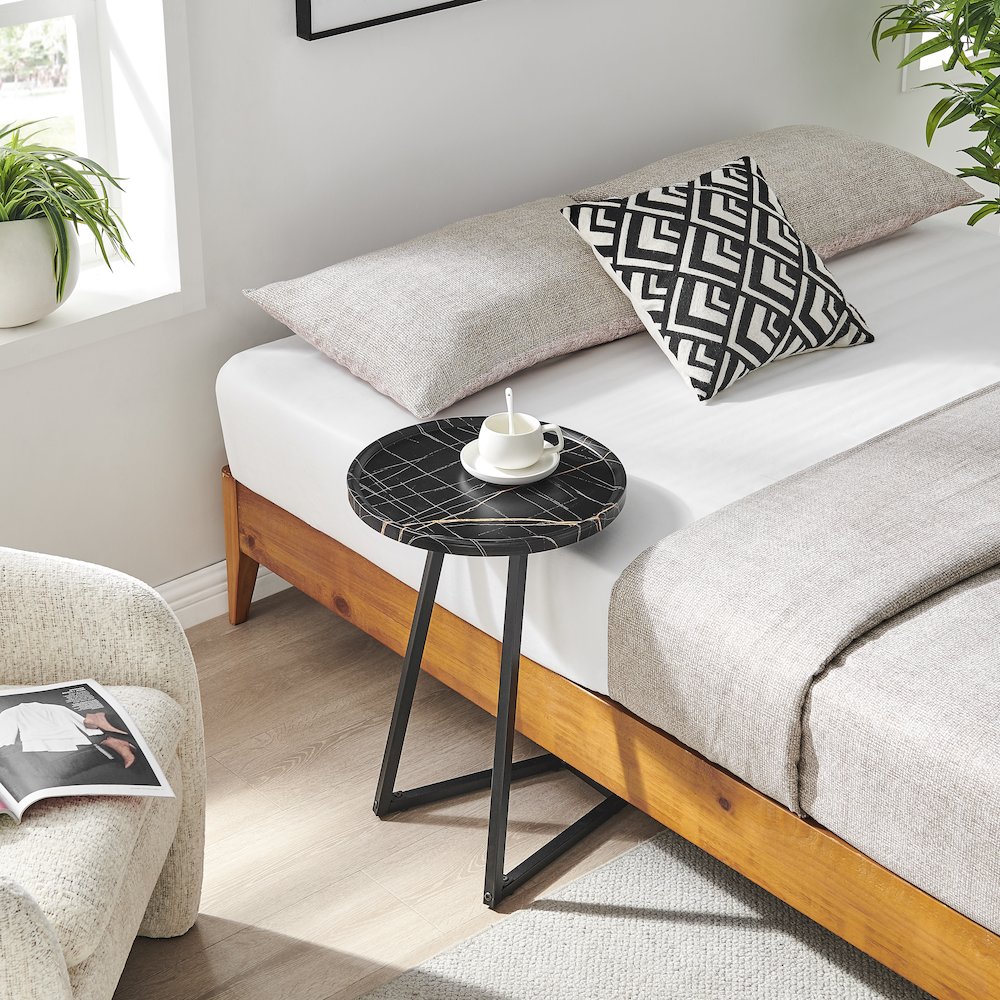 Addison Round Raised Lip Angled Couch-Side Accent C-Table - Black Marble/Black. Picture 5