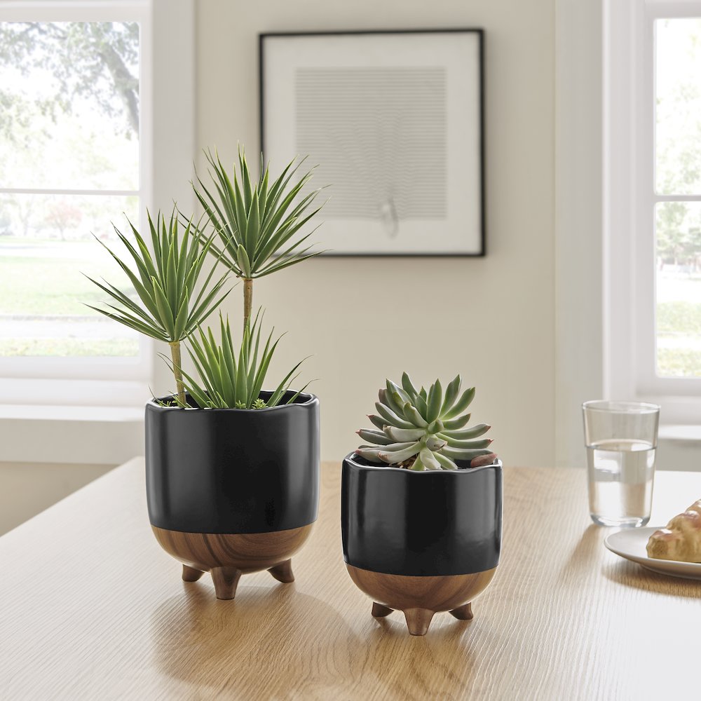 Milo Mortar 2 Tone Flower Pot Planter Cachepot Set of 2 Sizes - Black and Walnut. Picture 4