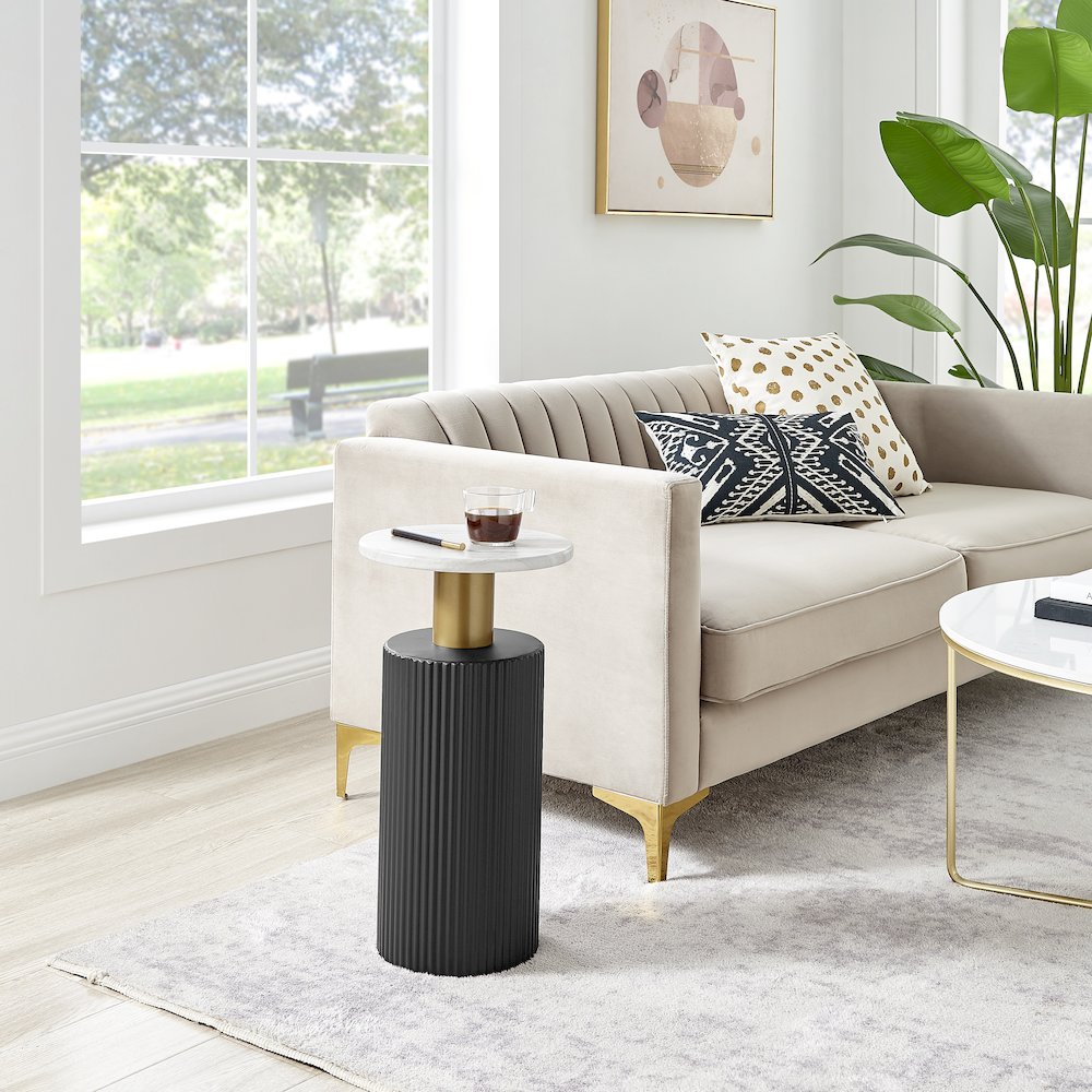Fritz Column Side Accent Table Black Base Gold Metal Column Faux Marble Laminate. Picture 5