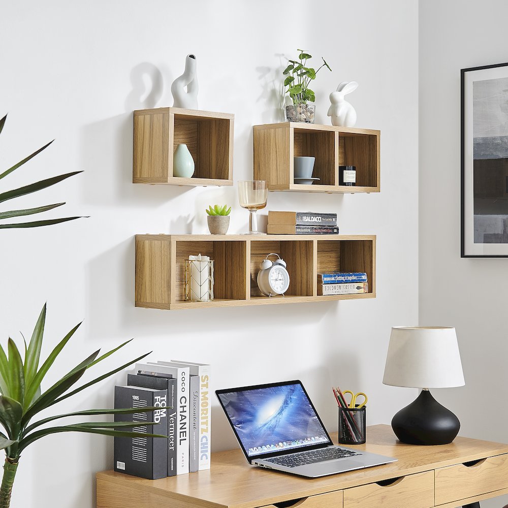Bauhaus Floating Geometric Cubby Wall Shelves - Set of 3 Sizes - Chestnut. Picture 5