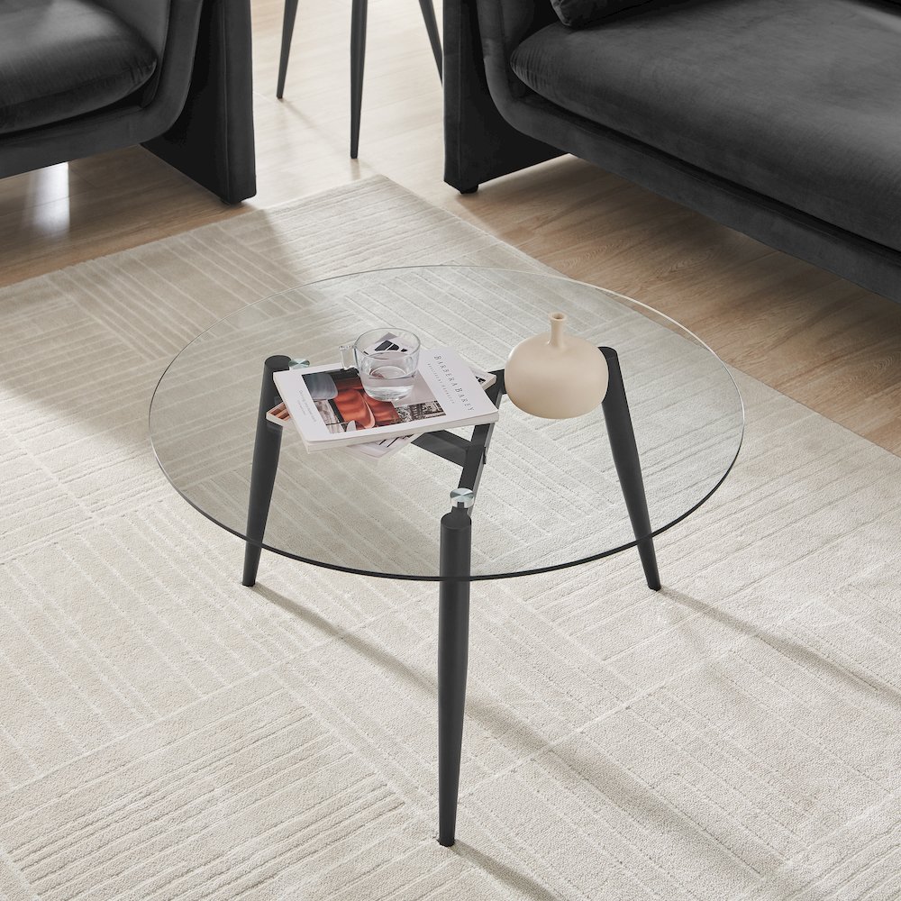 Van Beuren Coffee Side  Table Set Metal Taper Legs Clear Glass Tabletop - Black. Picture 7