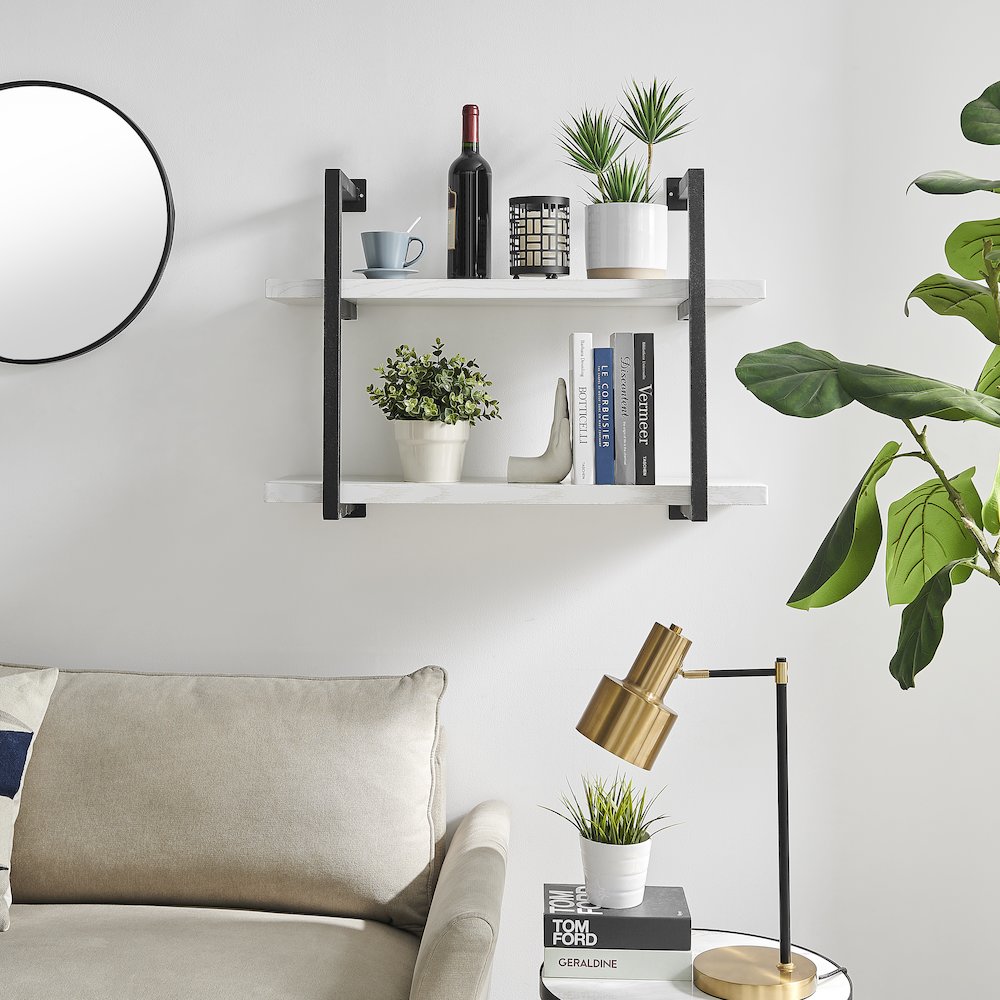 Modern 2-Tier Hanging Bracket Wall Shelves in Black Metal and White Birch Finish. Picture 3