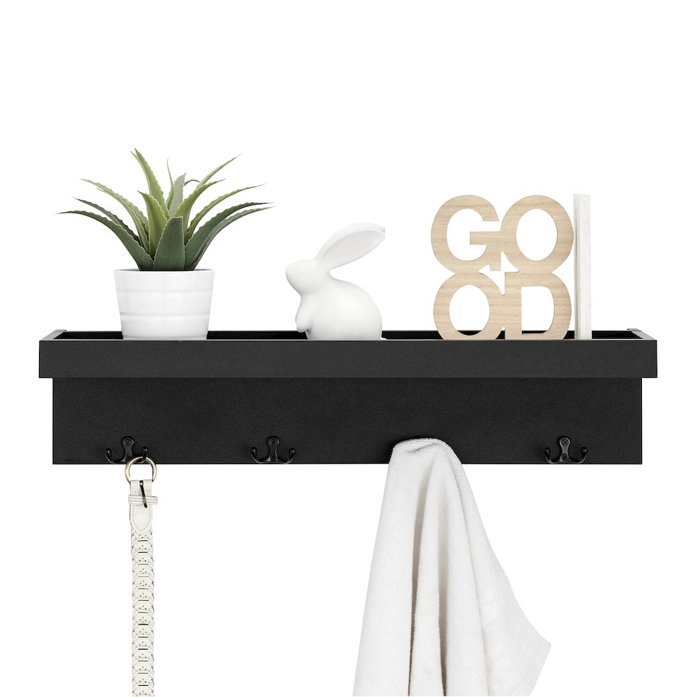 Wall Mounted Entryway Coat Rack with Decorative Ledge Shelf and Hooks - Black. Picture 10