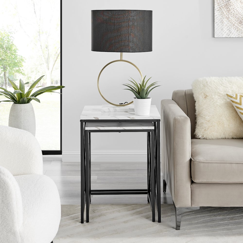 Modern Square Veneer Black Metal Frame Nesting End Tables White Marble Set of 2. Picture 4