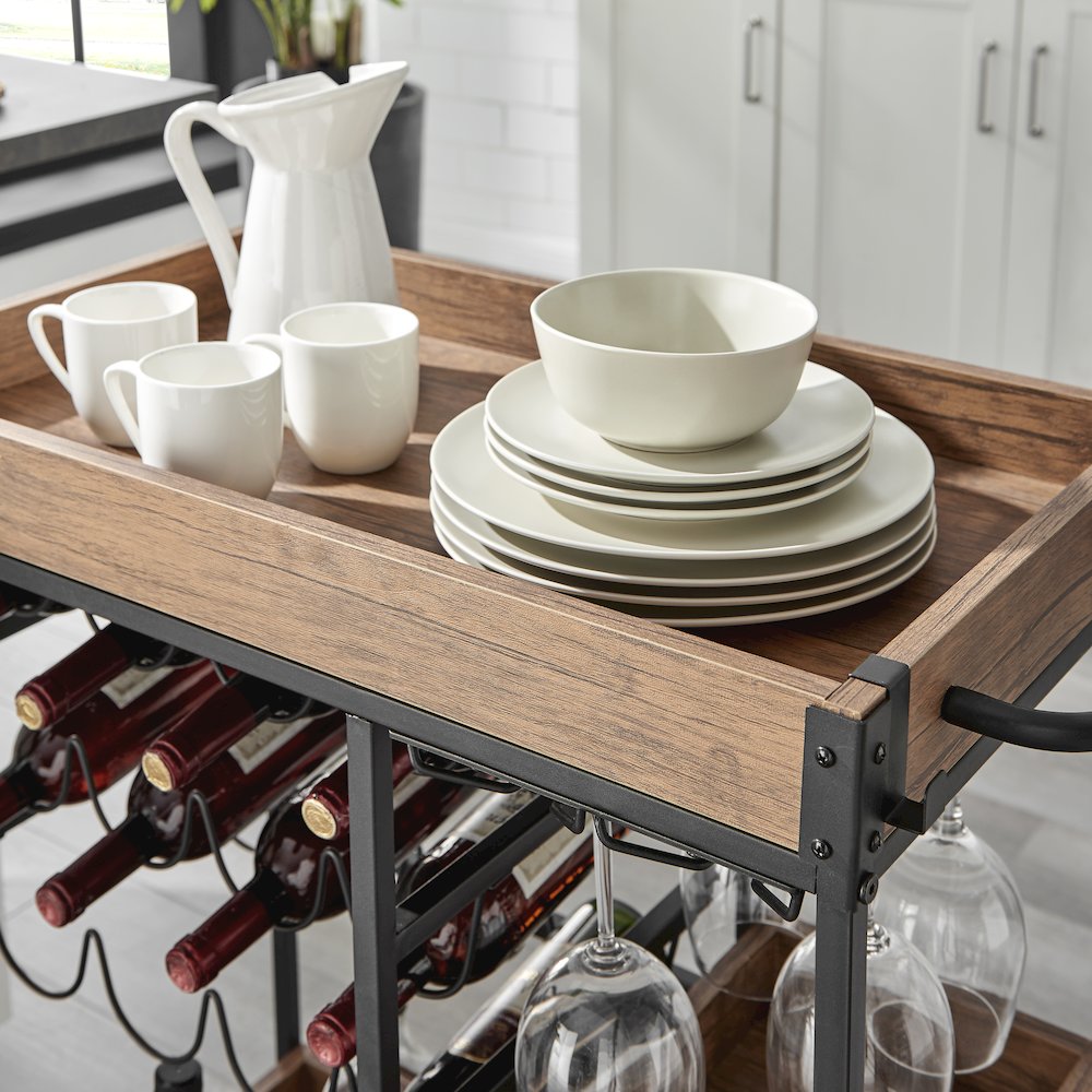 Rustic Walnut Metal Rolling Farmhouse Wine Bar Cart with Bottle and Glass Rack. Picture 8