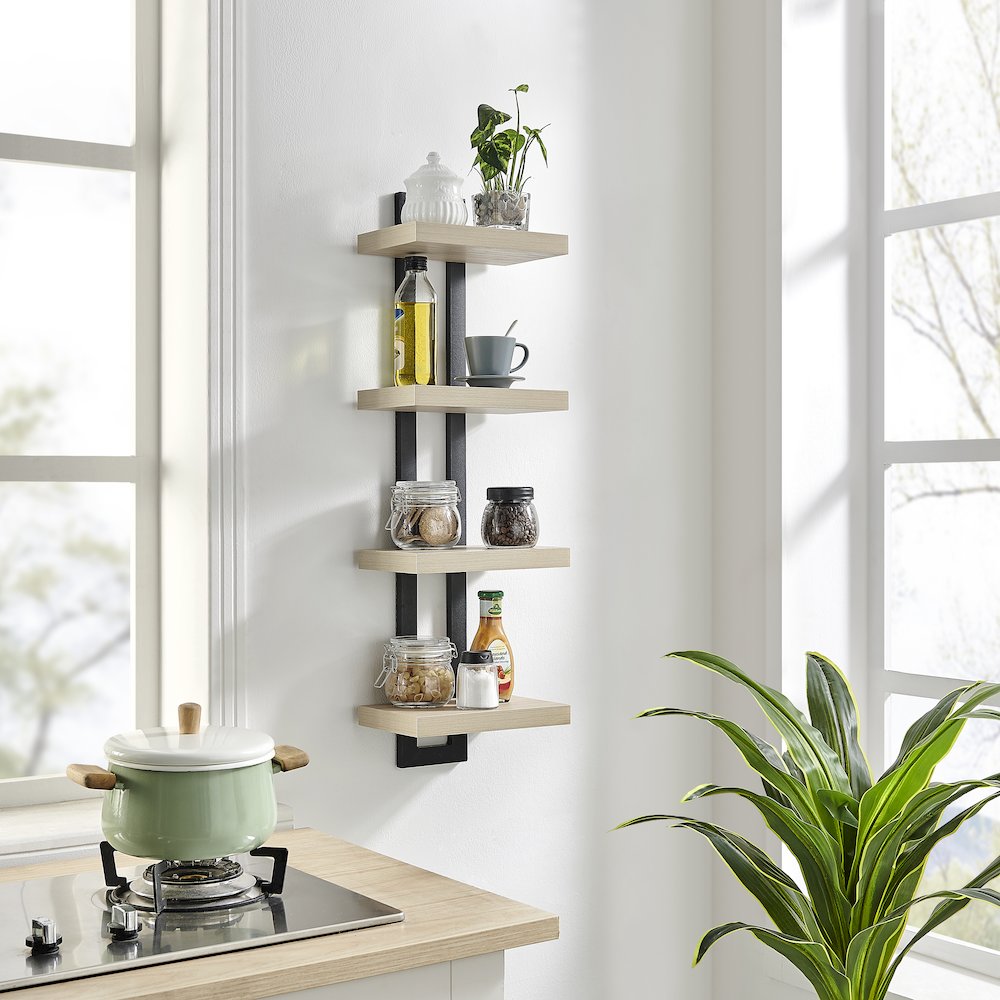 4-Tier Ladder Bracket Floating Wall Shelves - Black Metal and White Birch Finish. Picture 8